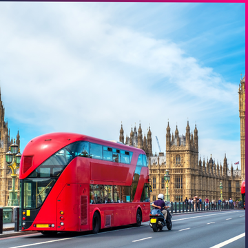 A red double-decker bus and a motorbike drive across Westminster Bridge in London, with the Houses of Parliament in the background, just as Memcyco attends the 2nd Edition Fraud & Scams Leaders Summit nearby.