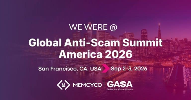 Banner for Global Anti-Scam Summit America 2026 in San Francisco, CA, on September 2-3, featuring Memcyco at Global Anti-Scam Summit America 2026 and GASA logos, with the city skyline in the background.
