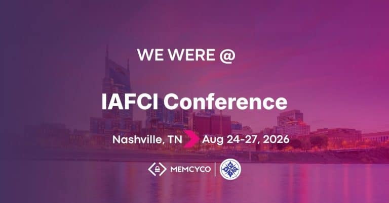 Banner for IAFCI Conference in Nashville, TN, scheduled for August 24-27, 2026, featuring Memcyco at IAFCI Conference Nashville and another logo at the bottom on a cityscape background.