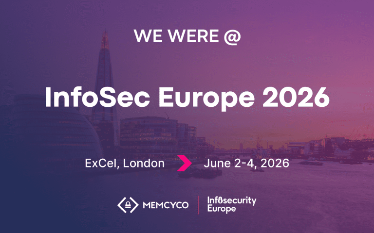 Banner announcing attendance at InfoSec Europe 2026 in ExCeL, London from June 2-4, 2026, featuring the logos of Memcyco and Infosecurity Europe. Plus, stay tuned for more updates on Memcyco at Global Anti-Scam Summit America 2026.