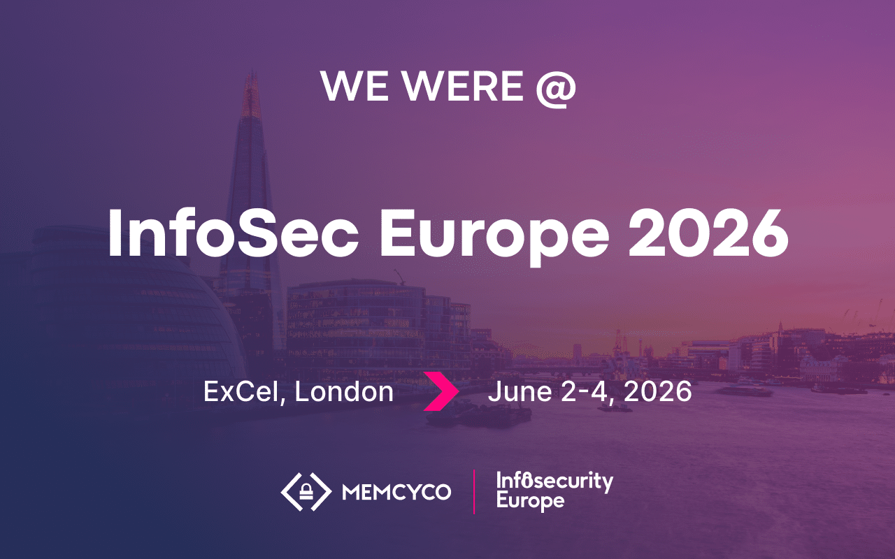 Banner announcing attendance at InfoSec Europe 2026 in ExCeL, London from June 2-4, 2026, featuring the logos of Memcyco and Infosecurity Europe. Plus, stay tuned for more updates on Memcyco at Global Anti-Scam Summit America 2026.