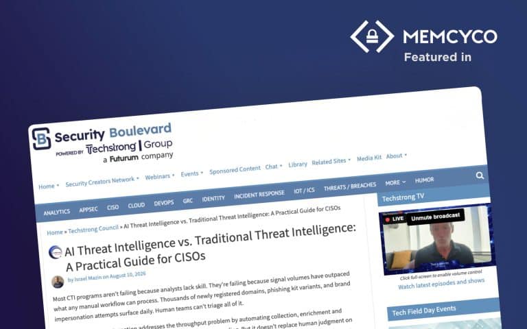 Screenshot of a Security Boulevard: AI Threat Intelligence vs. Traditional Threat Intelligence article, featuring a sidebar with a video and prominent Memcyco branding at the top right.