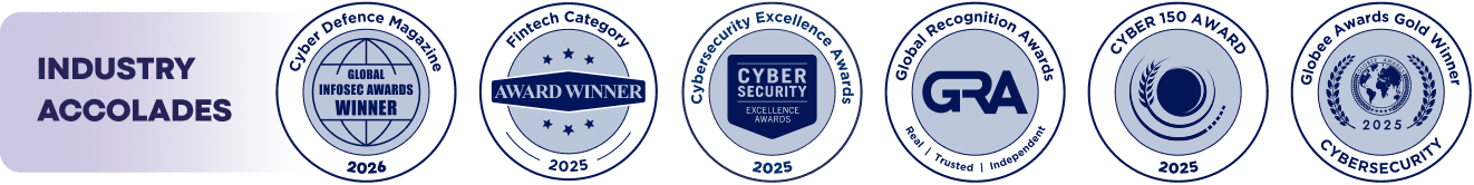 A row of six circular industry accolade badges for cybersecurity and global awards, celebrating Product excellence and innovation, dated between 2014 and 2016, displayed on a light background.