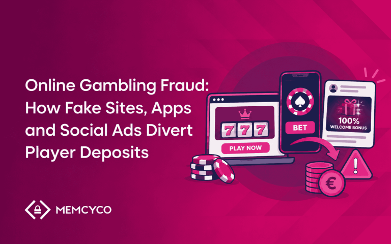 Illustration of gambling devices and chips with text: “Online Gambling Fraud: How Fake Sites, Apps and Social Ads Divert Player Deposits.” MEMCYCO logo at bottom left highlights the risks associated with fake gambling sites targeting player deposits.